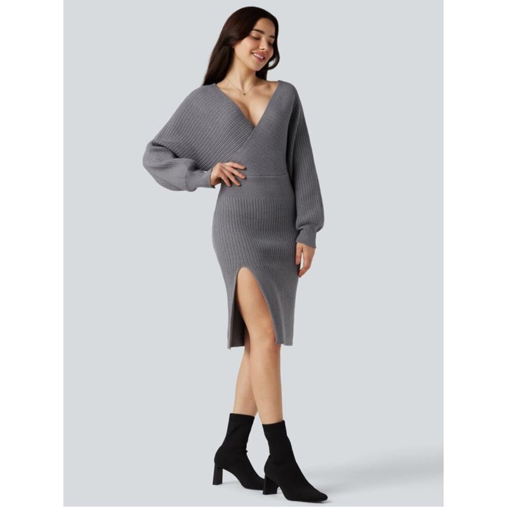 NWOT Halara V-neck Batwing Long Sleeve Split Bodycon Midi Sweater Dres - Picture 3 of 11